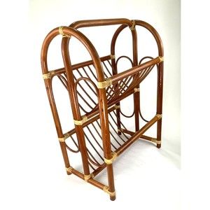 Vintage mid Century mcm Wicker Rattan Bamboo Magazine Book Towel 2-Tier Unit...